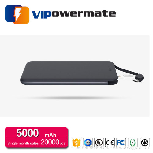 Ultra thin 5000mah portable power bank charger with built in cable for smartphone and laptop